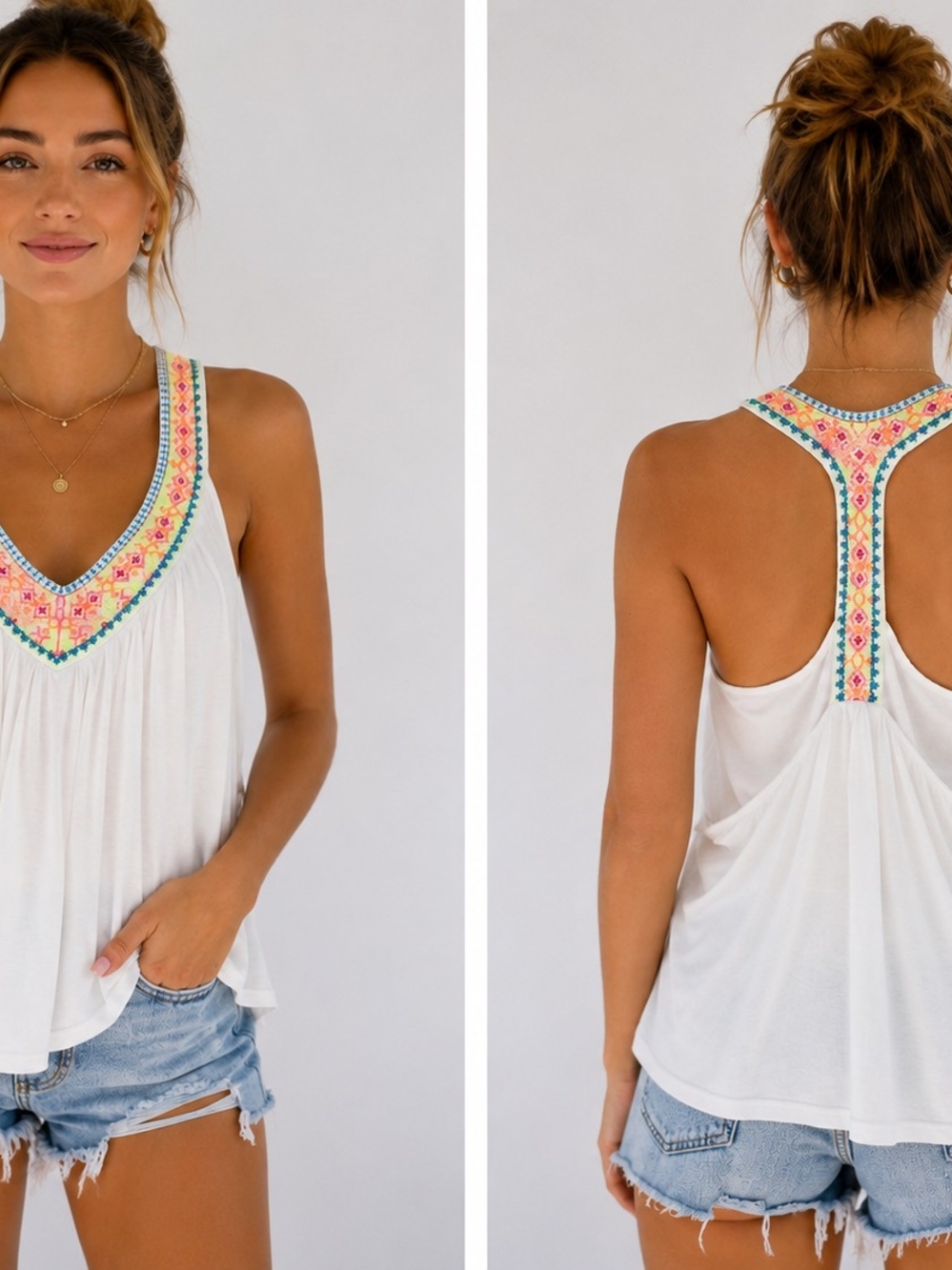 VS Bra Tops White Racerback Tank Top Built In Bra Neon Embroidered Boho Women’s